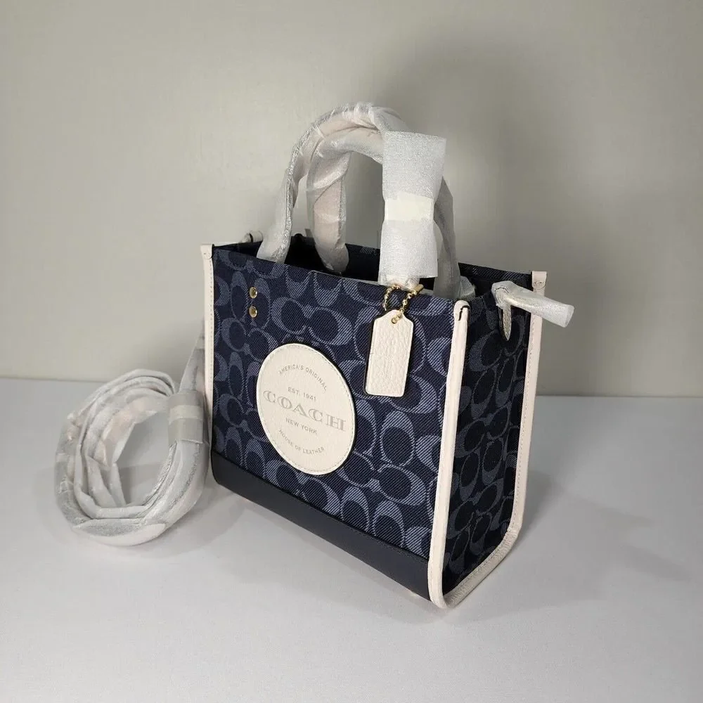 NWT Coach C8582 Dempsey Tote 22 In Signature Jacquard Denim Multi Coach Patch